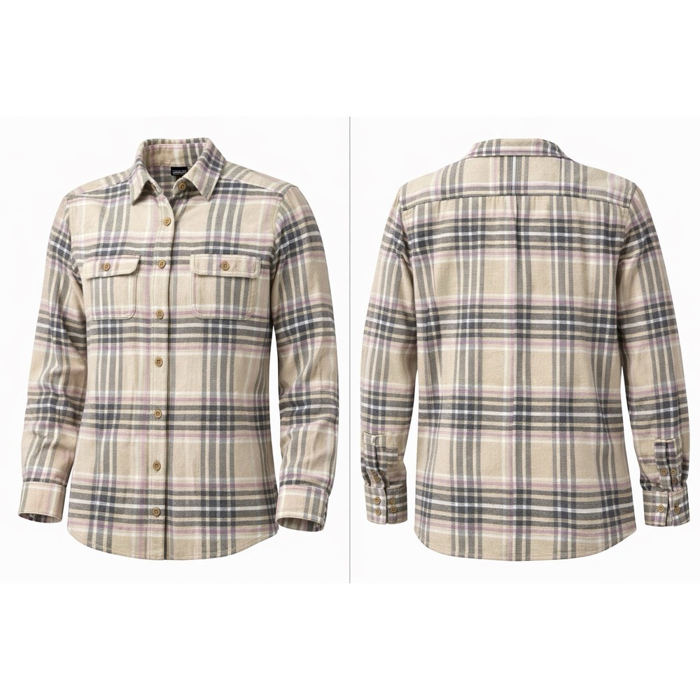 Patagonia Shirt Women 10 Heavyweight L/S ORGANIC Fjord Flannel Tan Purple Plaid